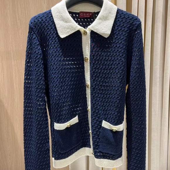 New Gucci 2025 GG Logo Monogram Fine cotton crochet cardigan in Navy M - Picture 1 of 7